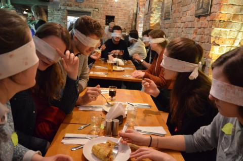 The event took place in a small  Spanish restaurant. Participants were able to have the experience of eating in total darkness.