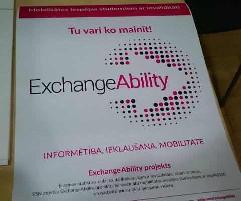 ExchangeAbility poster in Latvian. You can change things. Awareness, Listening, Mobility. 